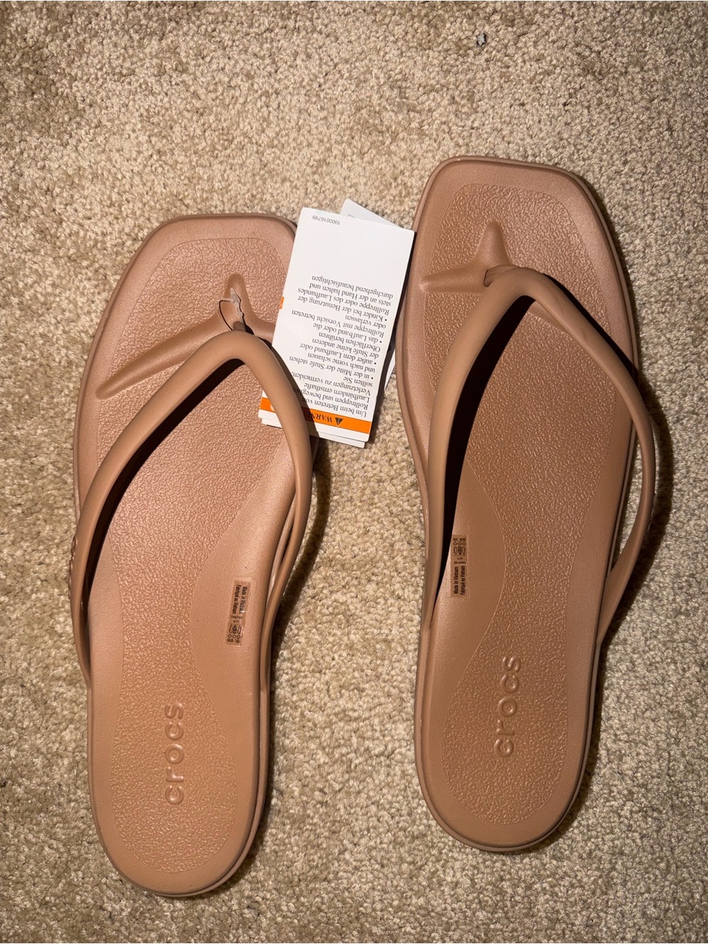 CROCS Women’s Nude/Tan Square-Toe Flip Flop Sandals